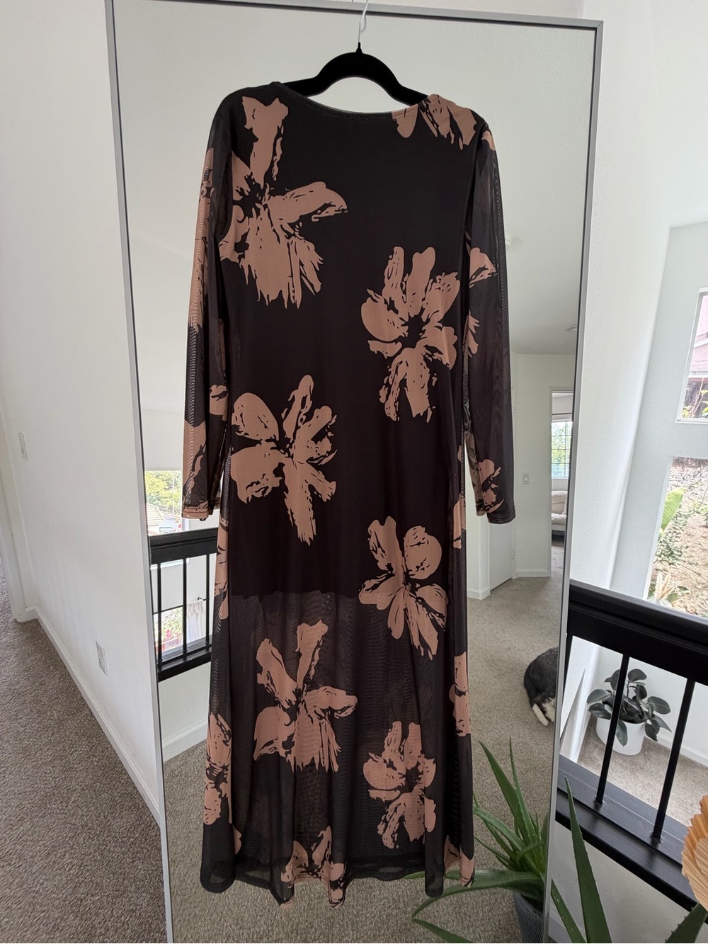 Womens Black Dress with Taupe Floral Print